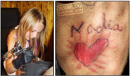 Spirytus got his knee tattooed by his six-year-old daughter Nadia, 